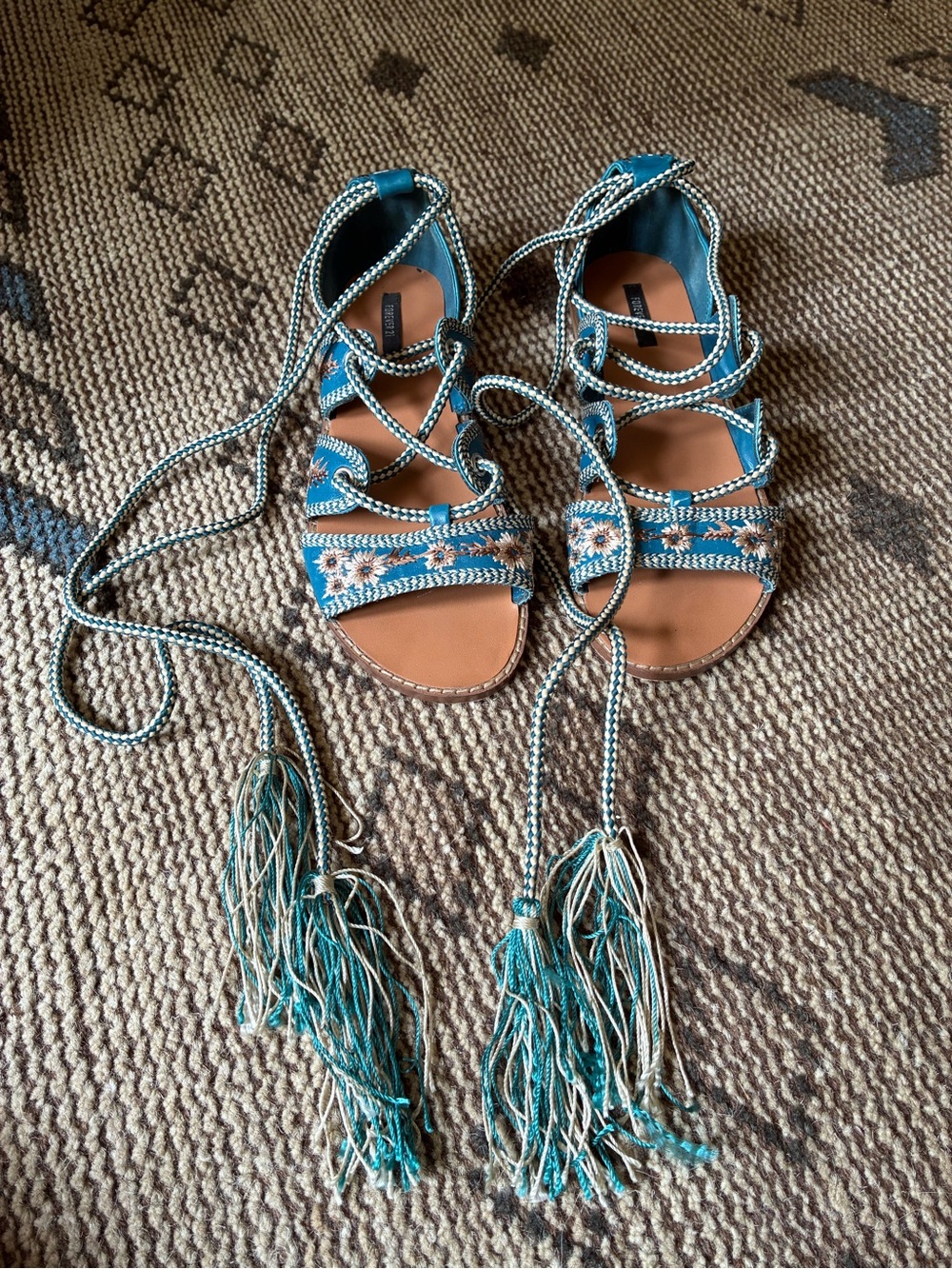 Forever 21 Teal Embroidered Lace-Up Tassel Sandals